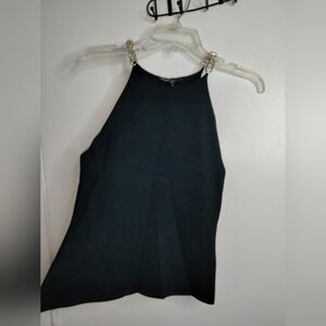 Maje (Size 2/M) Black & Gold Accent Chain Strap Stretch Morrison Halter Neck Top